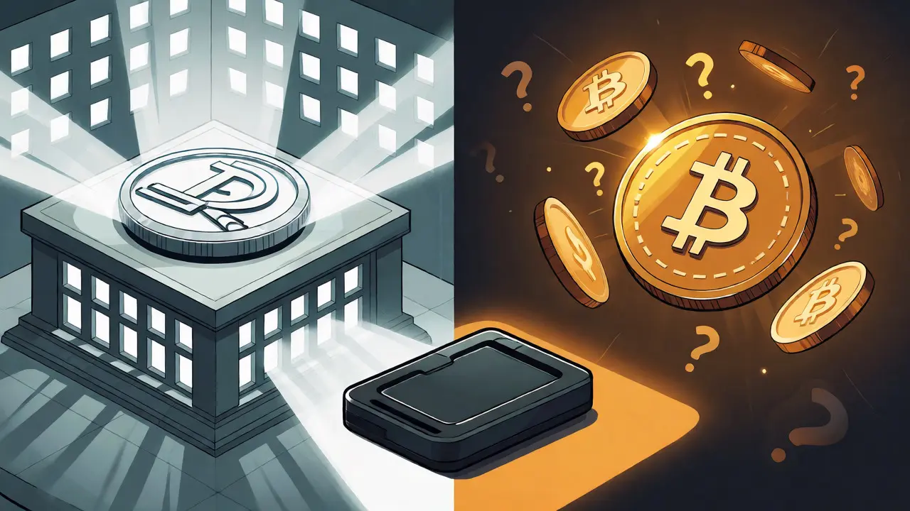 Comparison of state-controlled digital ruble versus decentralized stablecoins