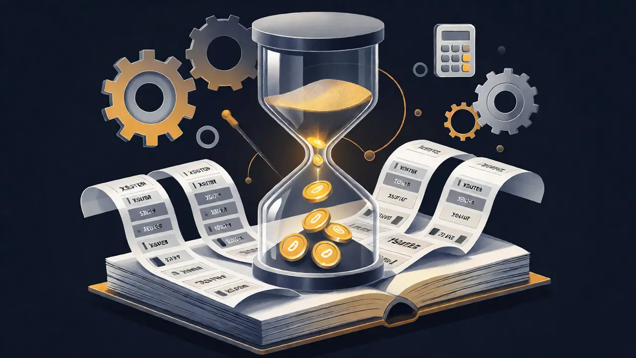 Conceptual illustration of token vesting represented by an hourglass filling a digital tax ledger.