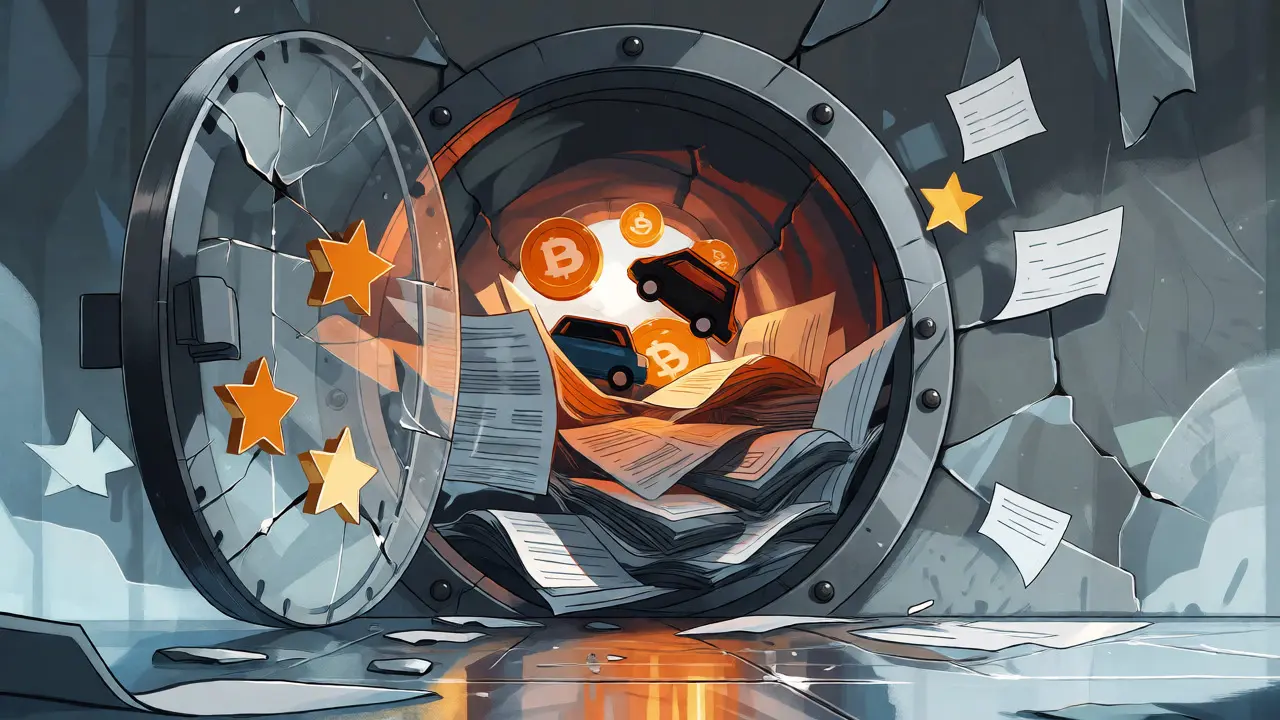 Cracked vault and blocked exit path symbolizing Bibox trust issues and delays.