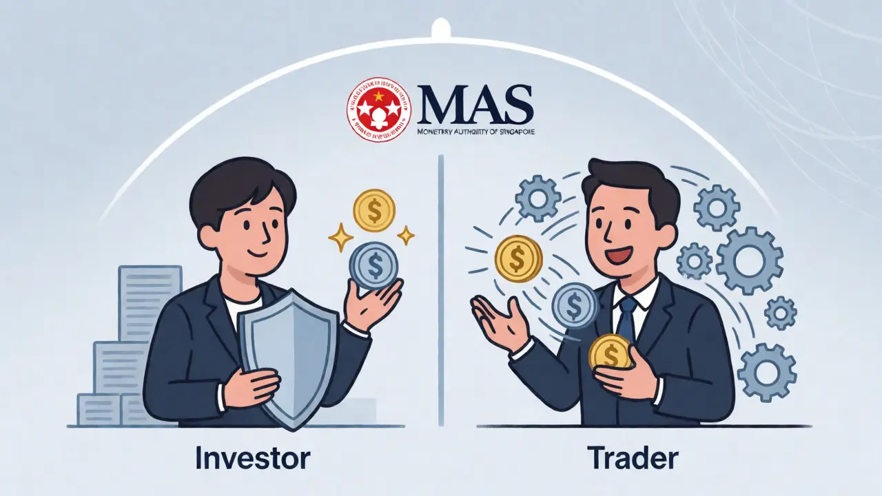 Diagram contrasting passive crypto investors with active traders under MAS regulation.