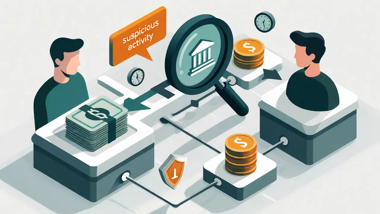 Diagram of P2P crypto trading monitored by bank fraud detection systems