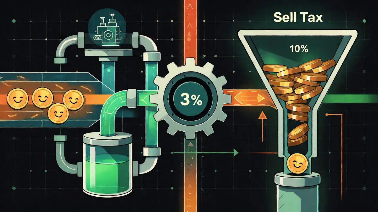 Diagram showing CANDY token buy and sell tax distribution flows