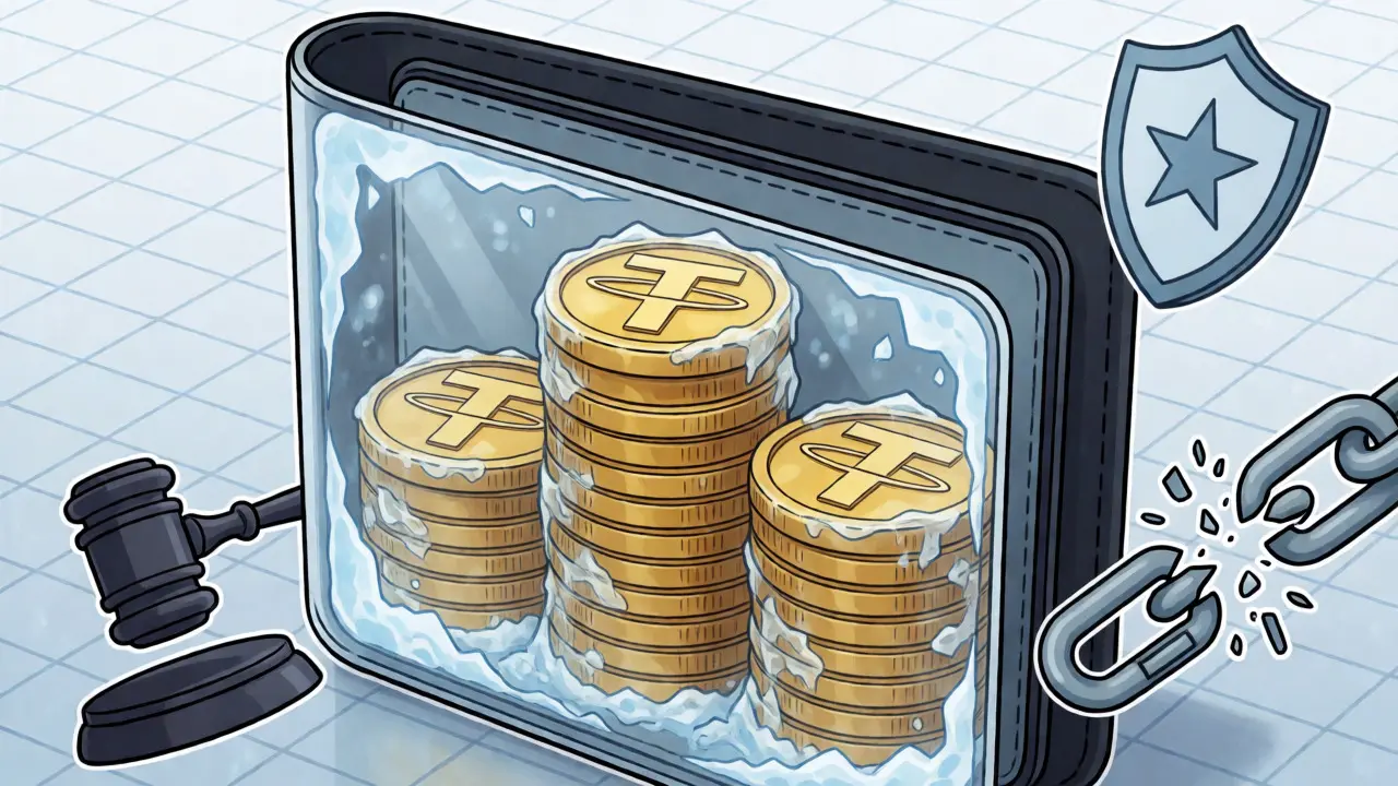 Digital wallet with gold coins frozen inside ice, surrounded by regulatory symbols like gavels and shields.