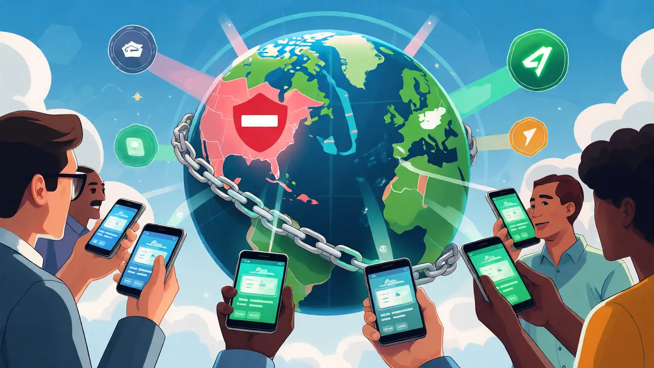 Global map illustrating international users accessing tokenized stocks via mobile wallets, excluding the US.