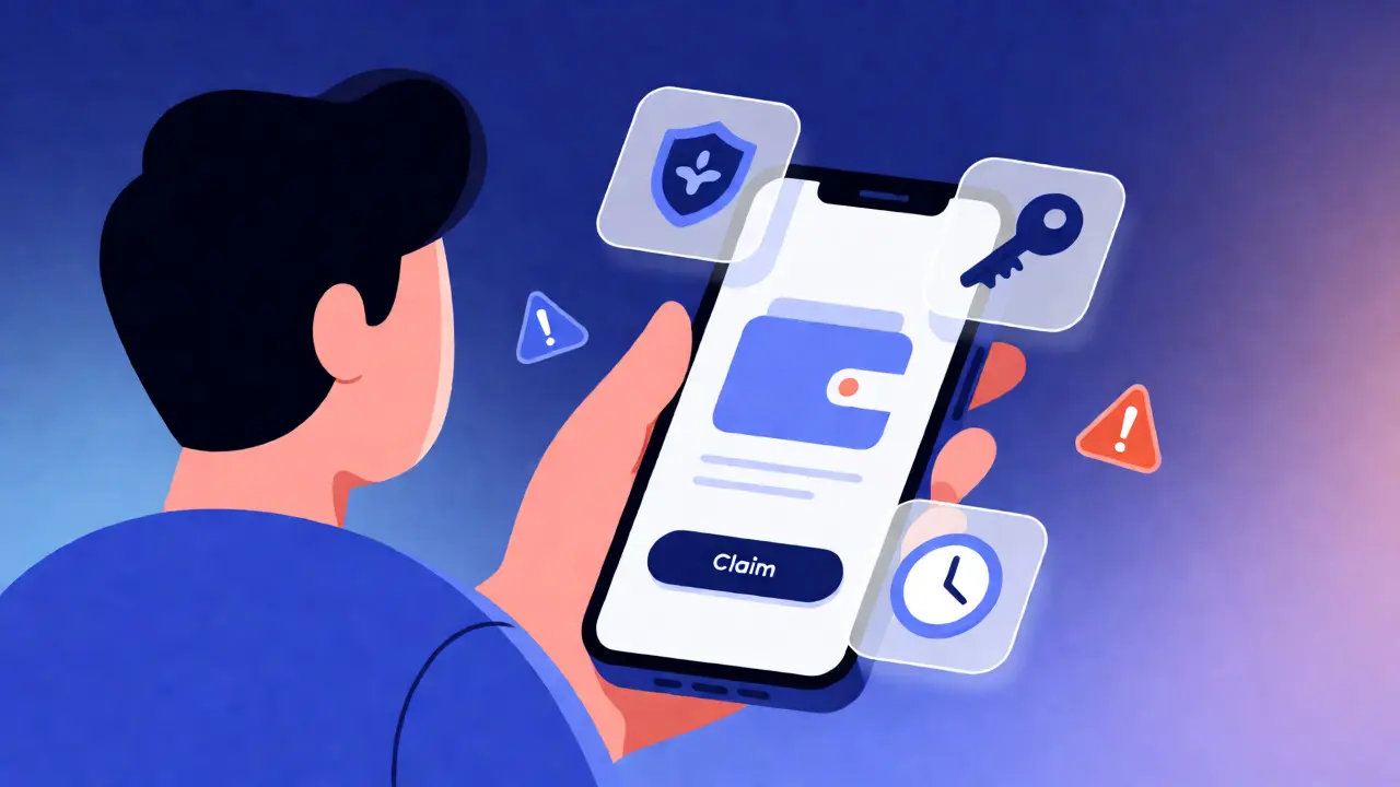 Illustration of a user claiming TOWER tokens on a mobile device surrounded by security icons.