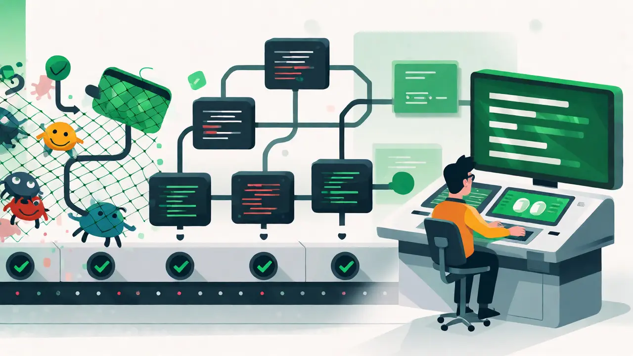 Illustration of developers catching code bugs early in a CI/CD pipeline using automated tools.