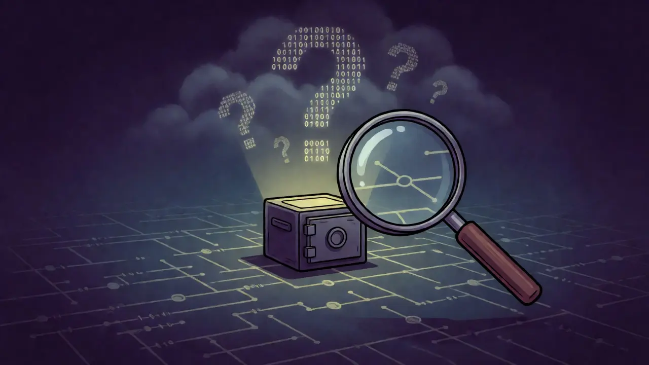 Isolated digital vault surrounded by question marks representing HiveSwap's opacity.