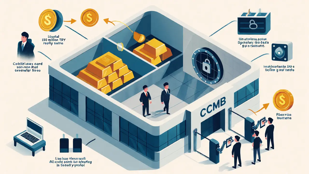 Isometric diagram of a licensed crypto exchange building showing capital requirements and KYC checks.