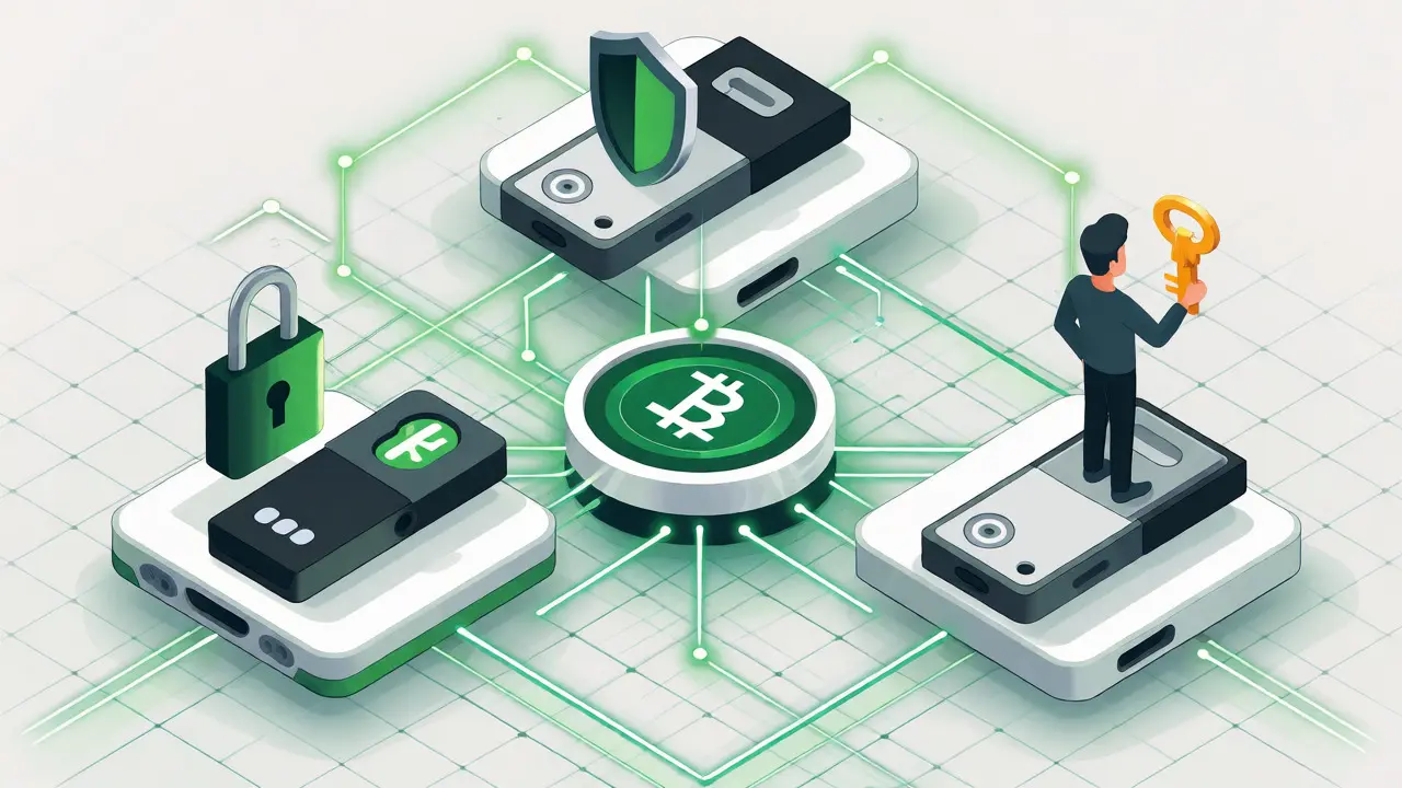 Isometric diagram of a multi-signature setup with three hardware wallets securing funds.