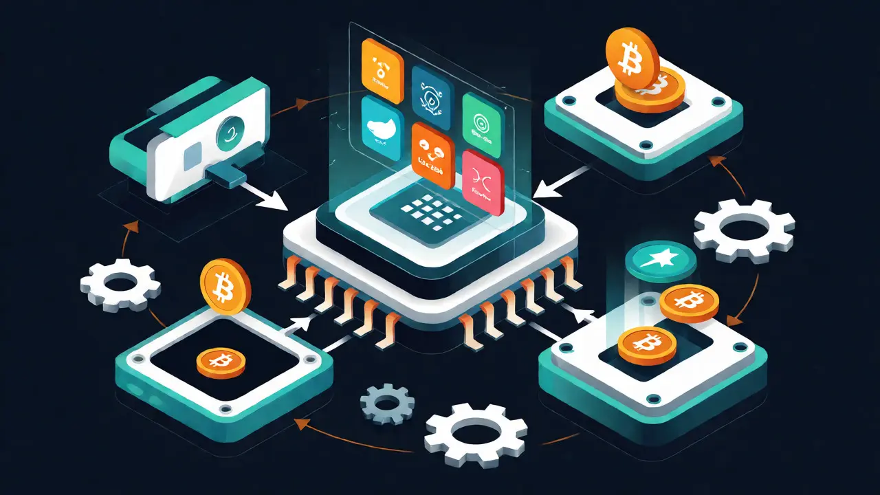 Isometric diagram showing automated mining algorithms switching to earn Bitcoin and swap assets.