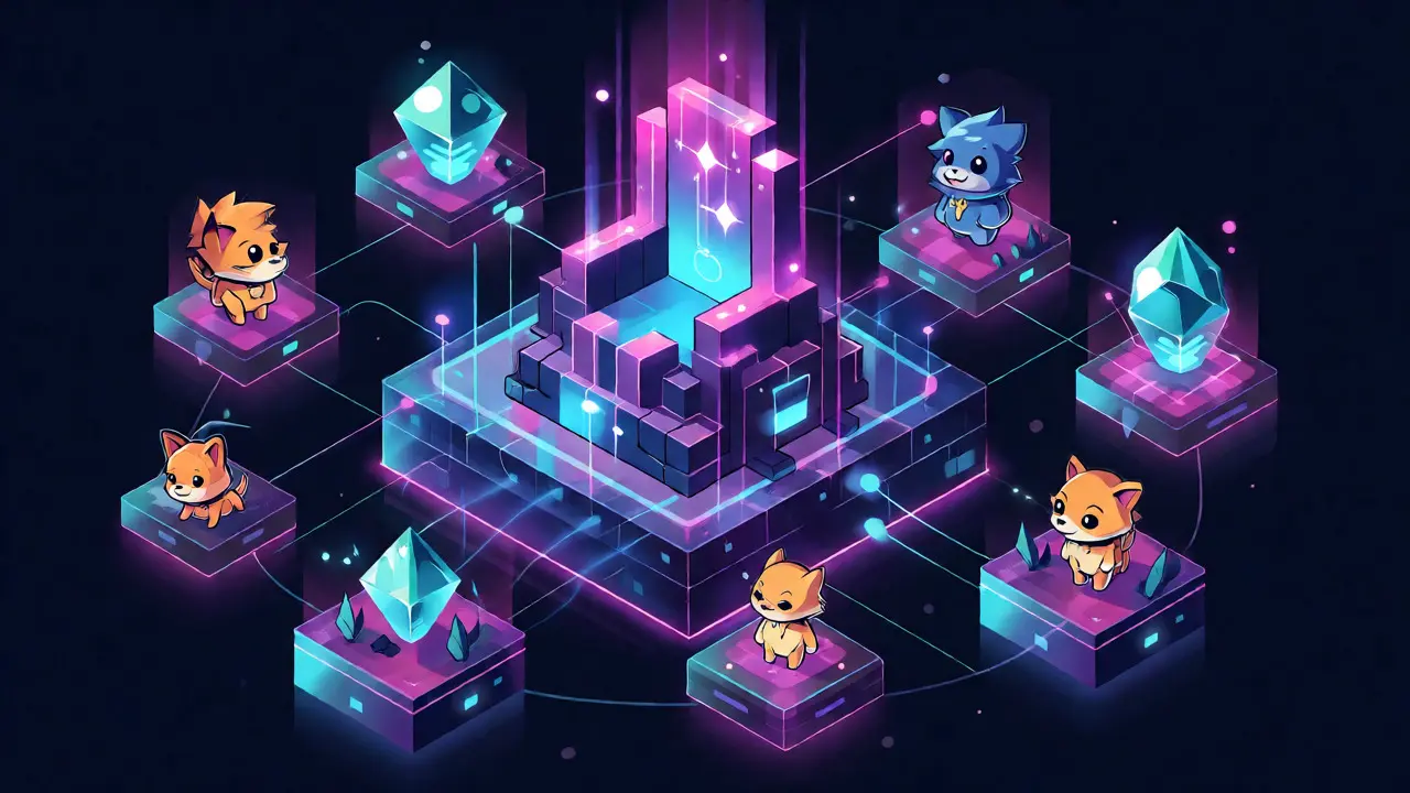Isometric view of a Web3 gaming ecosystem with NFT pets and tokens