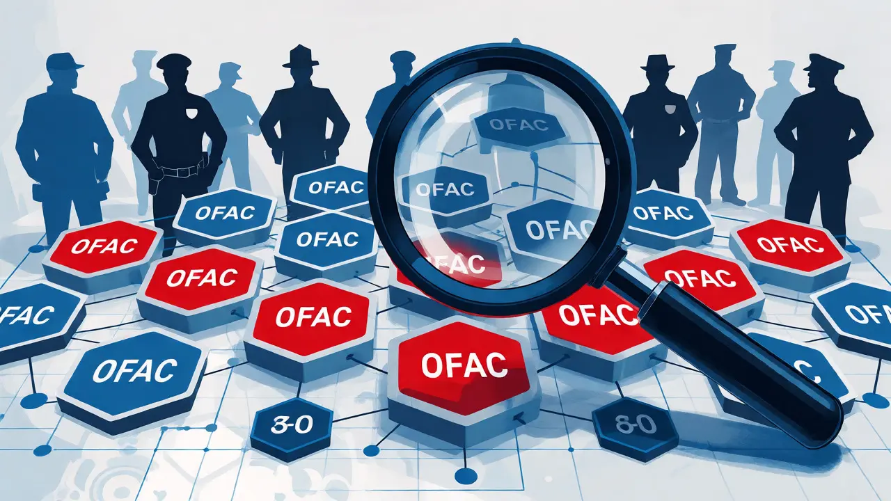Magnifying glass inspecting sanctioned crypto wallets