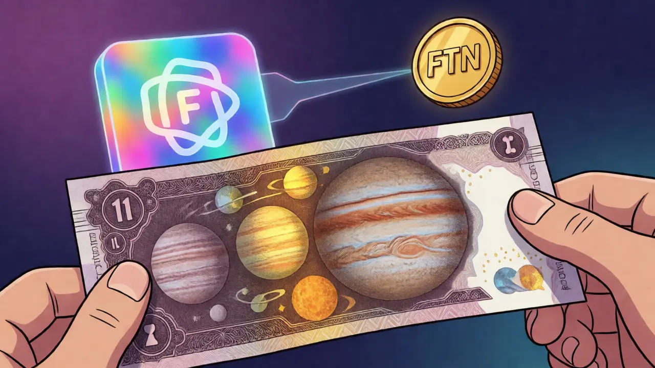 Physical planet-themed banknote linked to digital FTN token