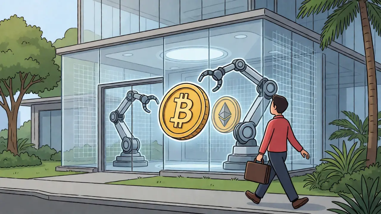 Secure Singapore crypto vault with compliance checks and confident resident leaving.