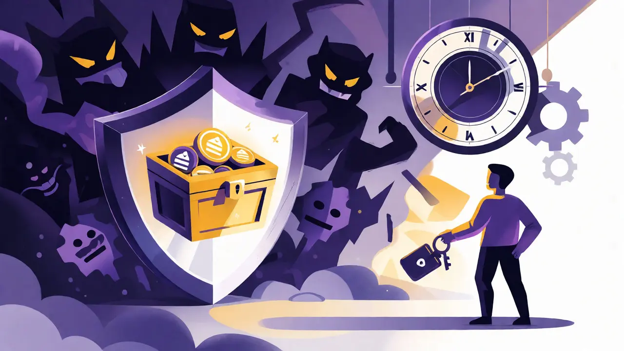 Shield protecting crypto treasures from scam shadows near a snapshot clock