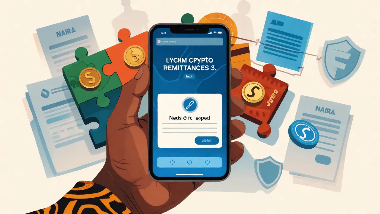 Smartphone displaying a crypto wallet next to abstract symbols of local currency conversion and regulations.