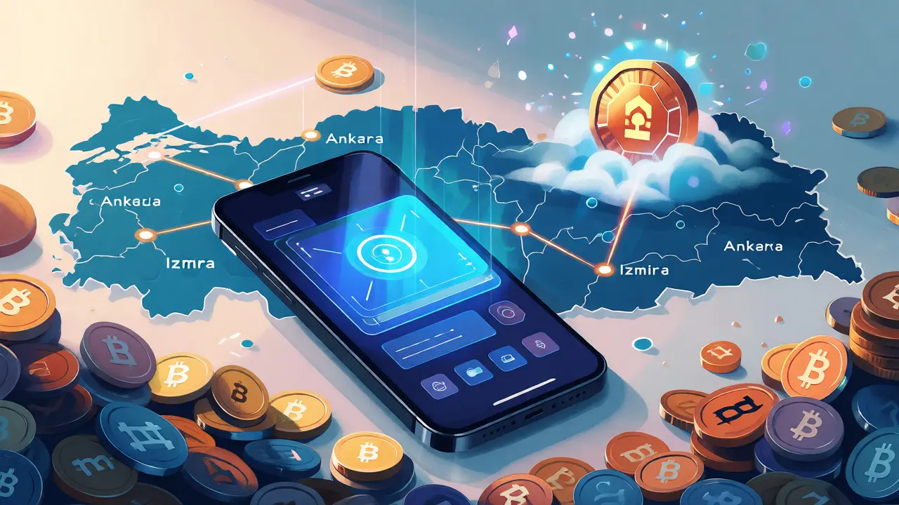 Smartphone displaying a Digital Lira wallet against a backdrop of scattered crypto coins and a map of Turkey.