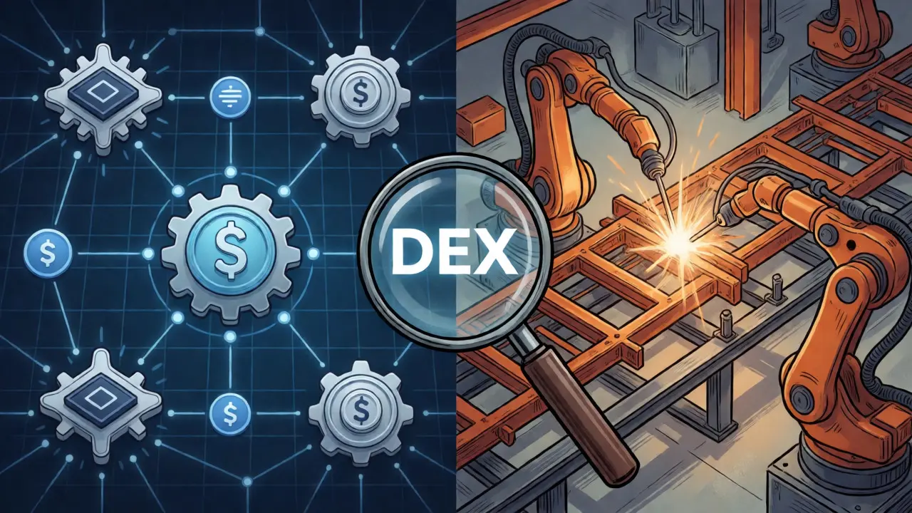 Split view comparing decentralized exchange networks and trailer manufacturing.