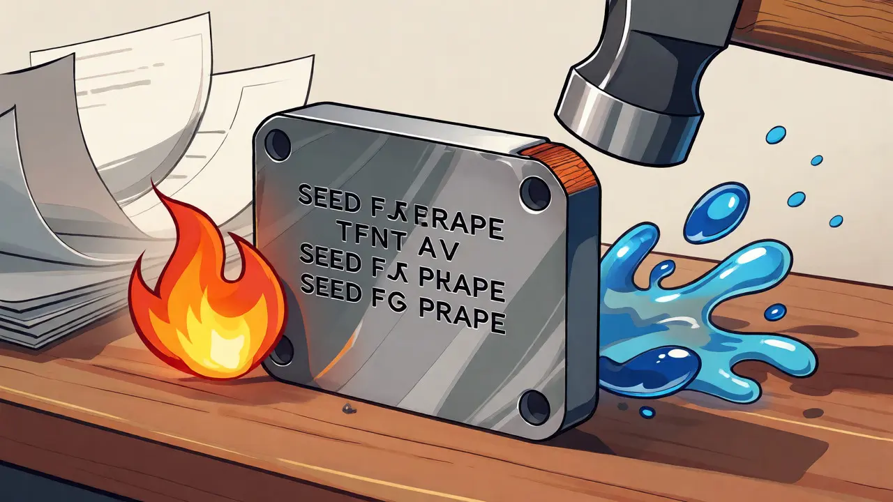 Steel backup plate resisting fire, water, and impact compared to fragile paper backups.