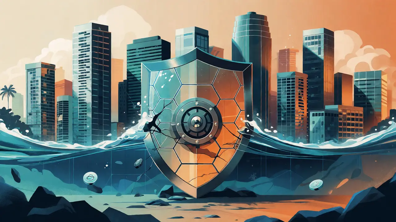 Stylized coastal city under rising water with a cracked protective shield guarding a bank vault.