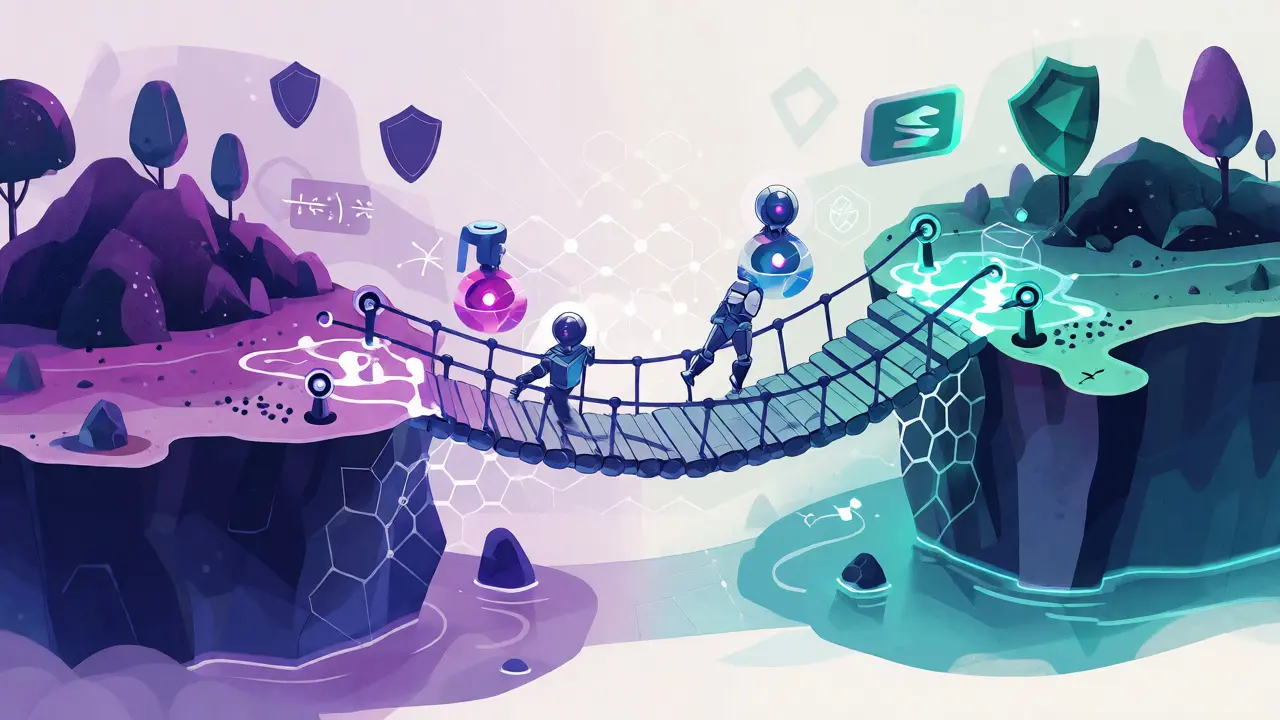 Stylized graphic of two blockchains connected by a secure, decentralized cross-chain bridge.