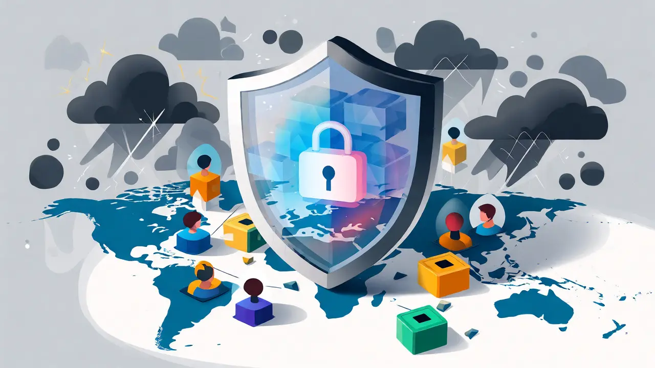 Stylized shield protecting users on a world map from external market threats and hacks.