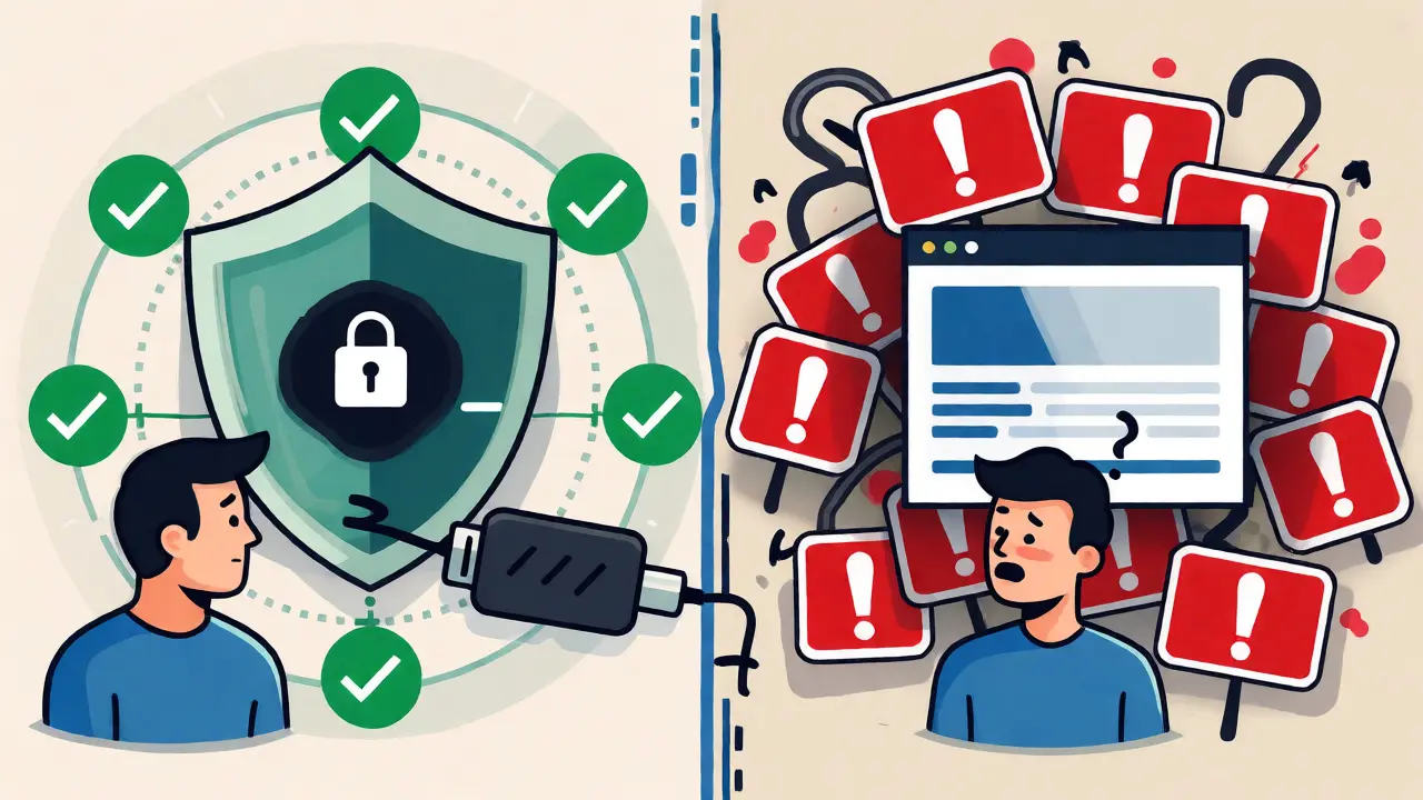 Technical cartoon comparing secure wallet connections versus risky phishing attempts during airdrops.