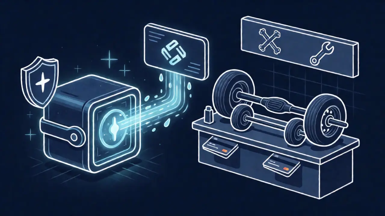 Technical diagram contrasting Web3 wallet security with physical auto parts sales.