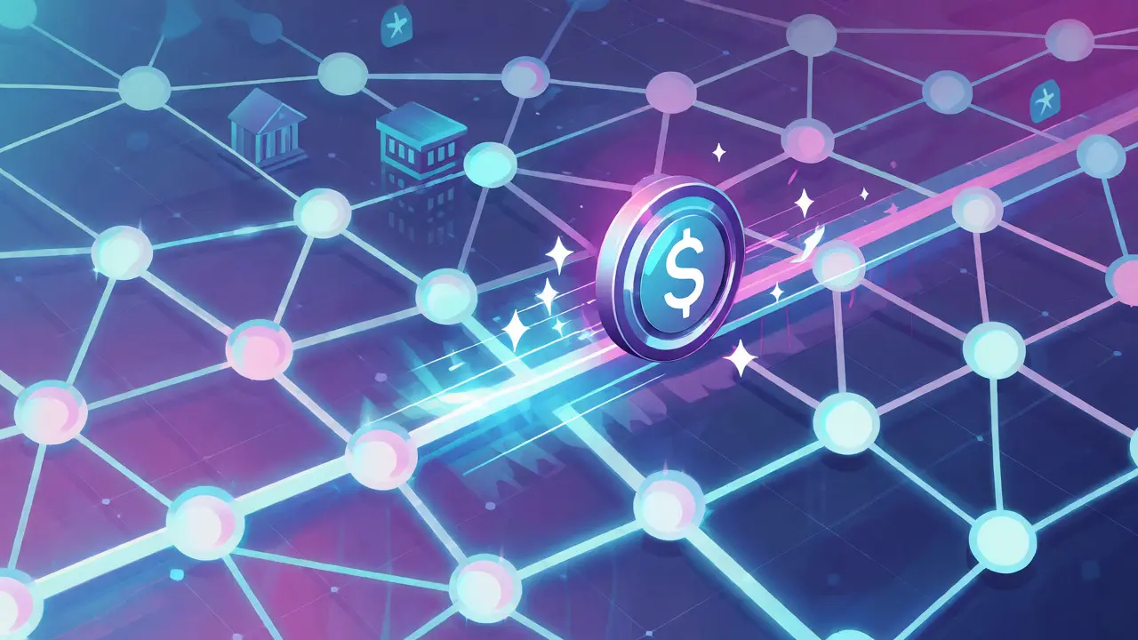 Technical diagram of stablecoins moving quickly across a decentralized blockchain network grid.