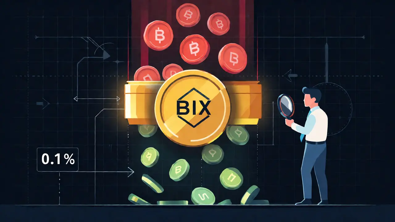 Technical diagram showing how BIX tokens reduce trading fees from red to green.