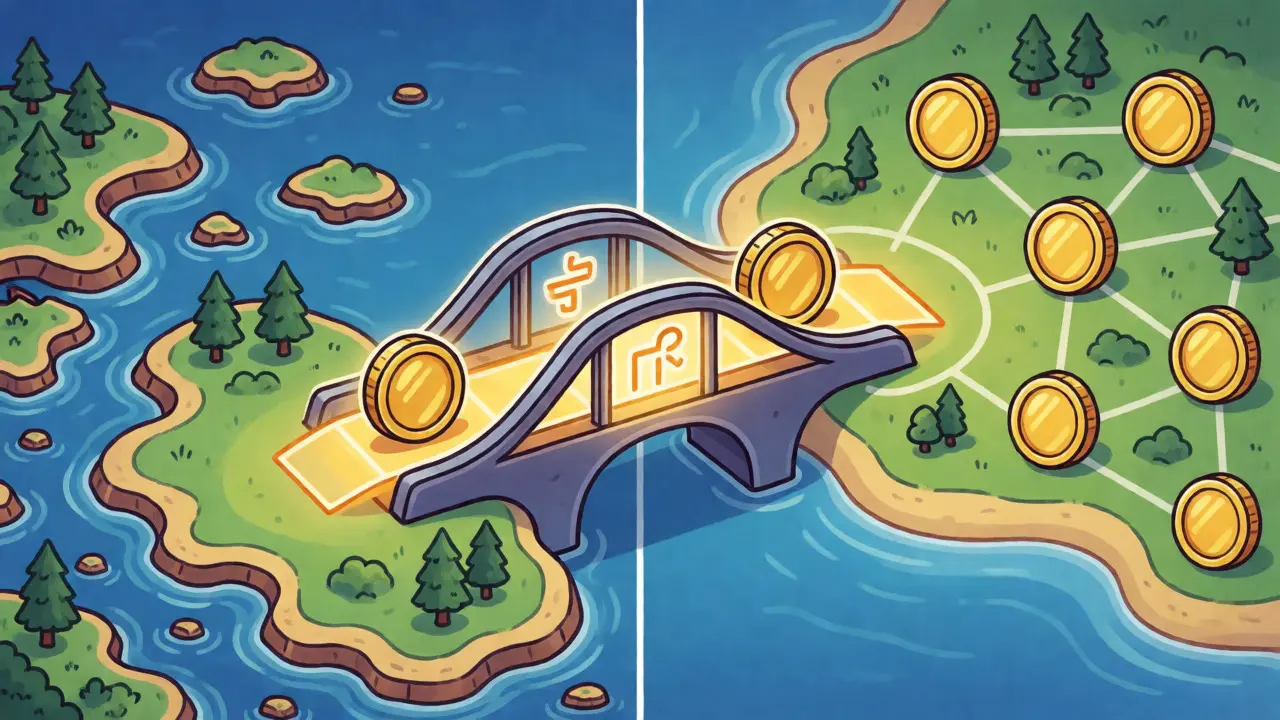 Technical illustration showing a bridge connecting fragmented blockchain islands for cross-chain interoperability.