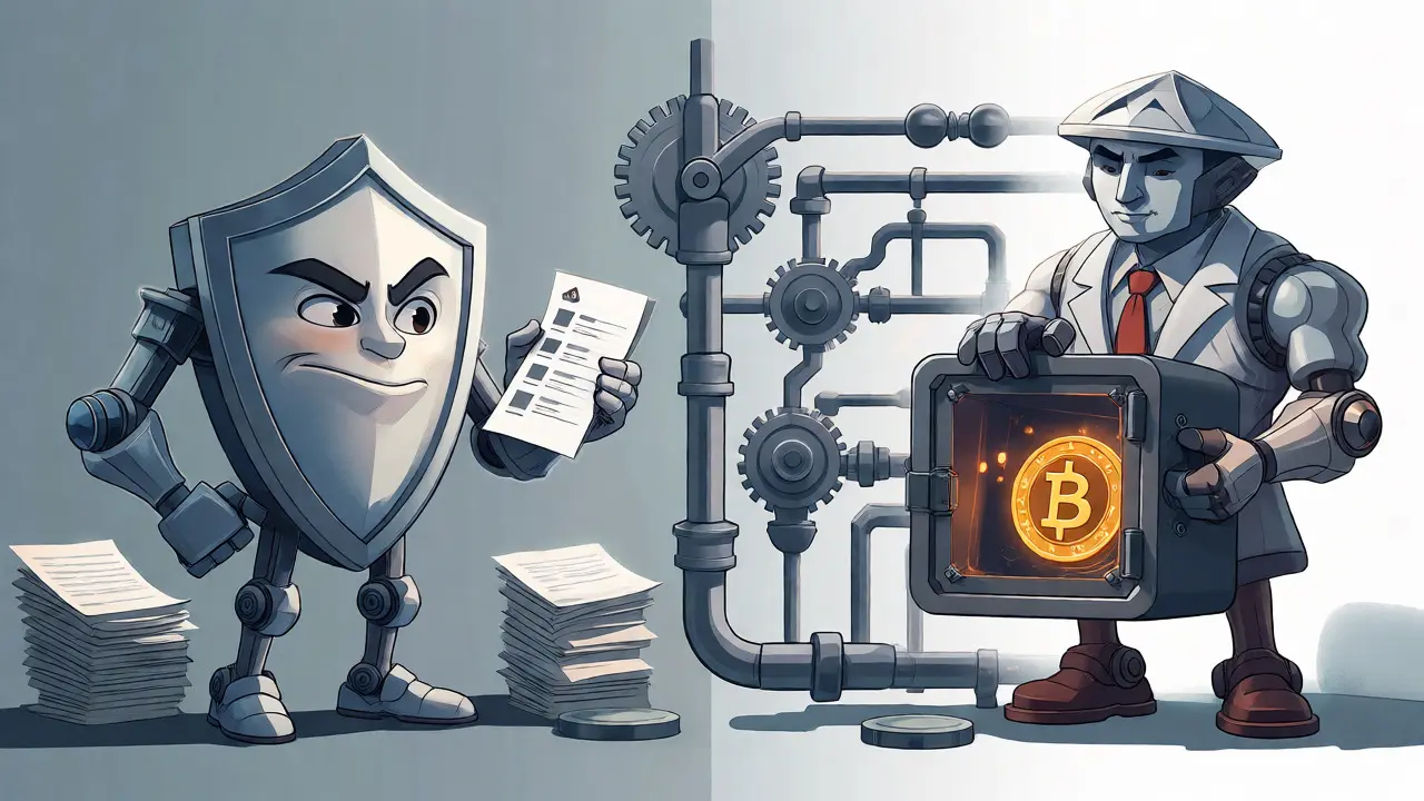 Illustration of SFC and HKMA figures managing crypto compliance networks.